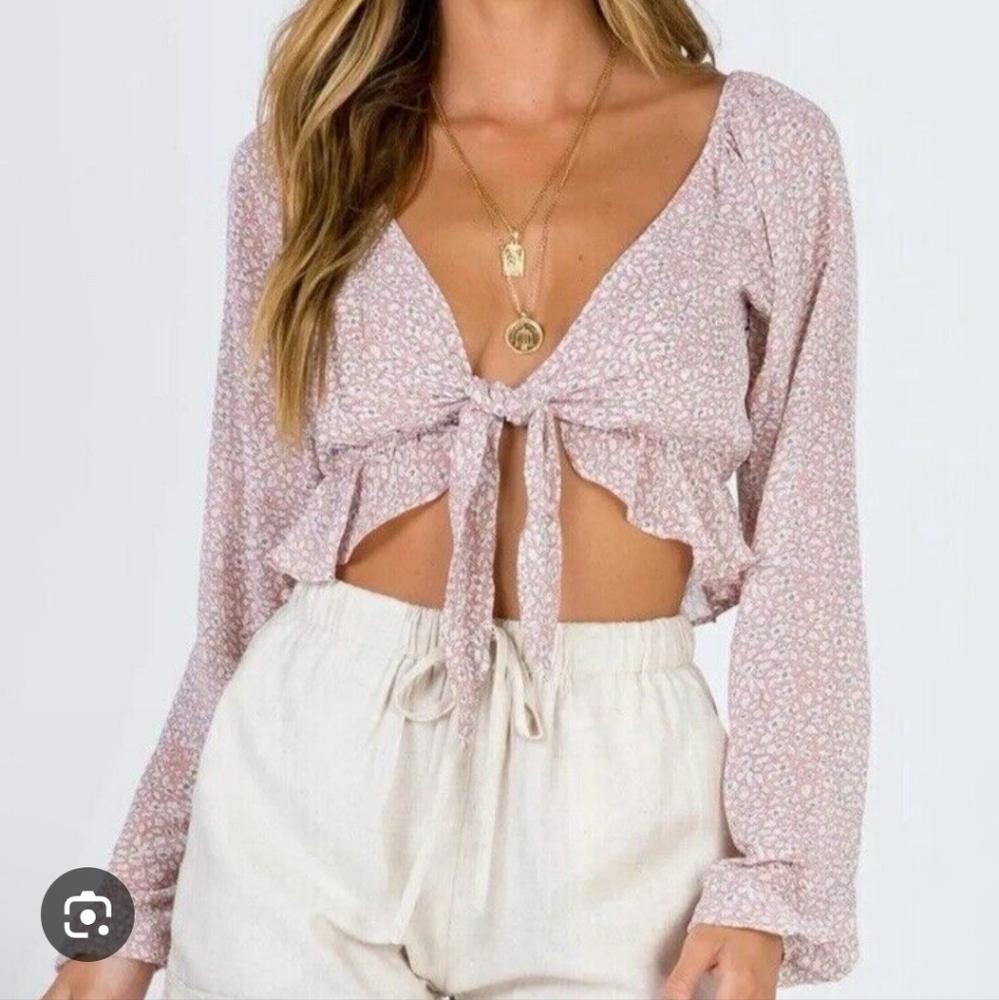Princess Polly Size 4 Neima Pink Floral Long Sleeve Crop Boho Blouse Cd-2326